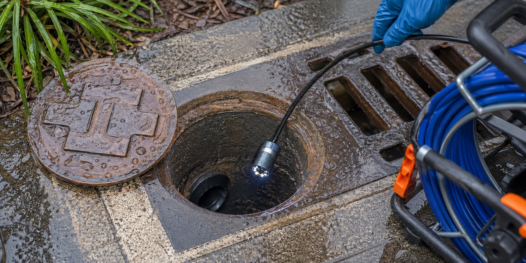 Drain inspection tools beside an access point