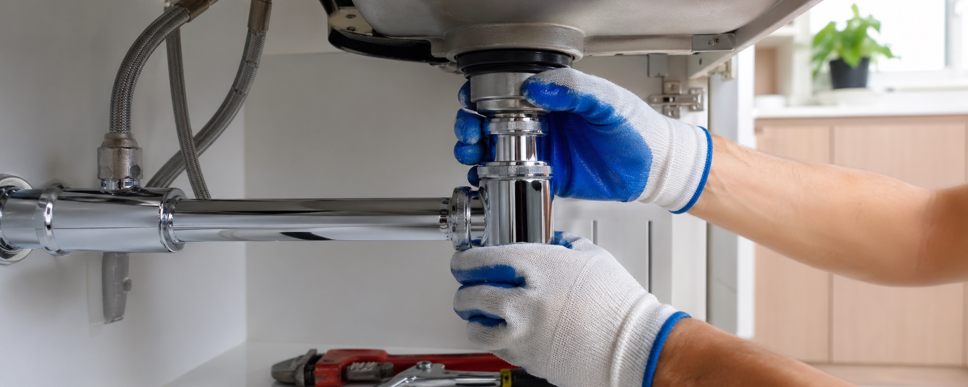 Hands repairing sink pipework